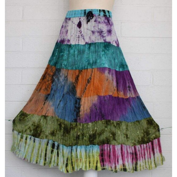 Sacred Threads S M Colorful 6 Tier Tie-Dye Elastic Waist Festival Gypsy Skirt